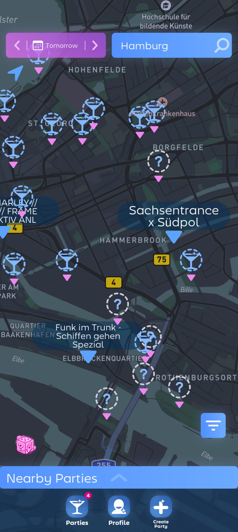 The Party Compass live map with Live Pins and venue spots across the city