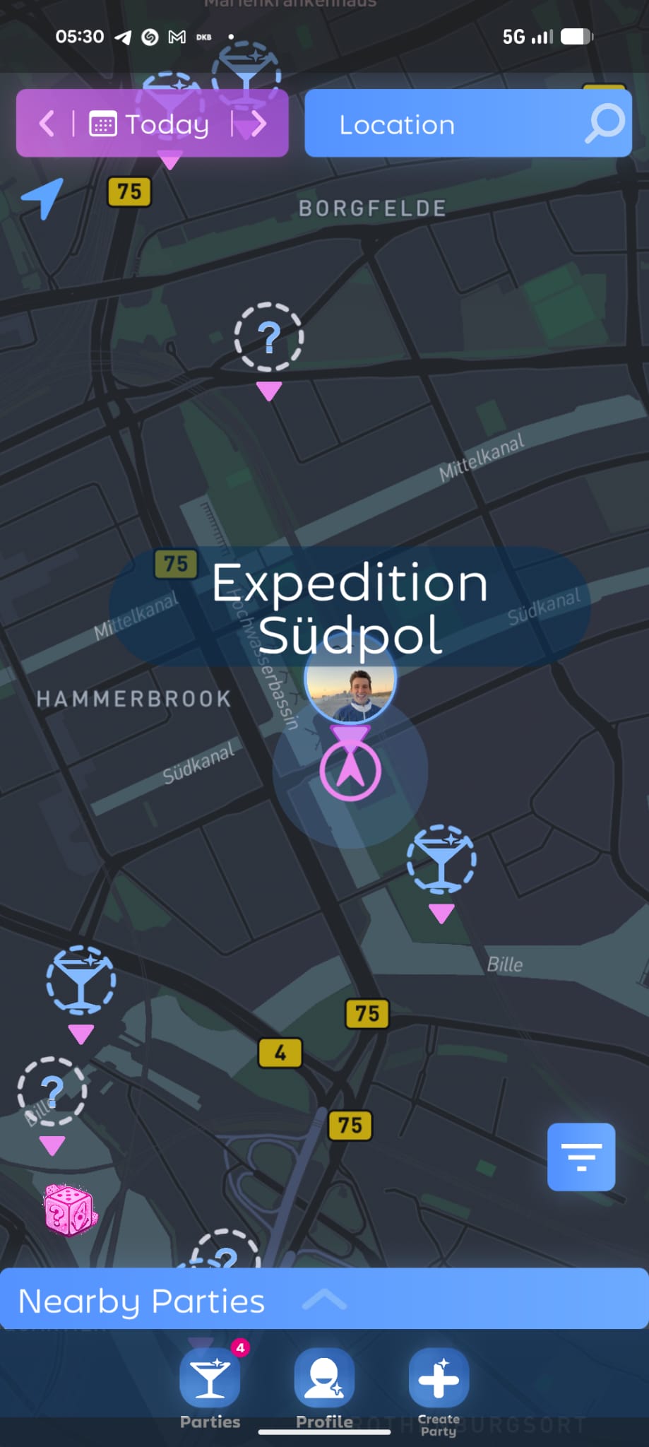 A Live Pin dropped on the Party Compass map showing the host's avatar and live location