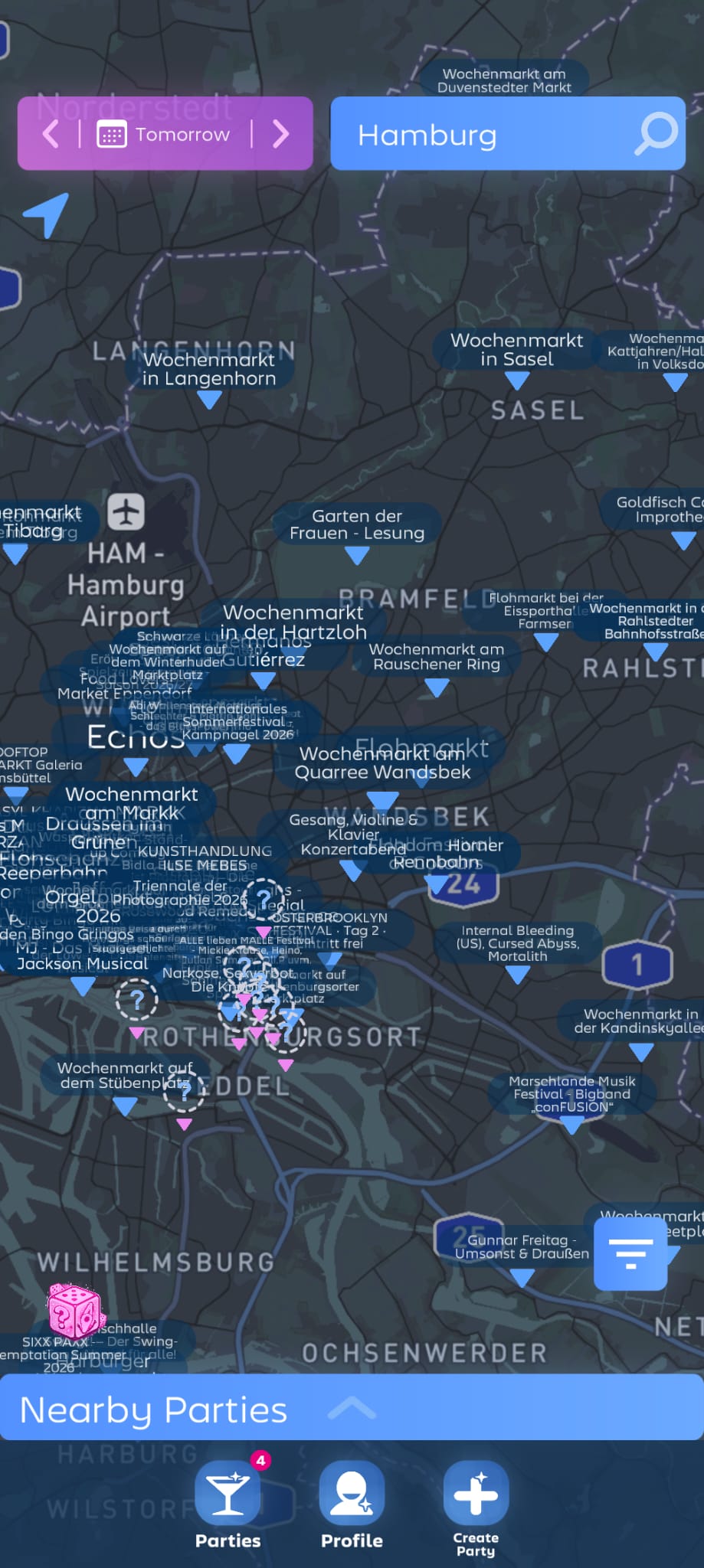 Die Live-Karte mit den Hamburger Partys und Venue-Events von heute Abend