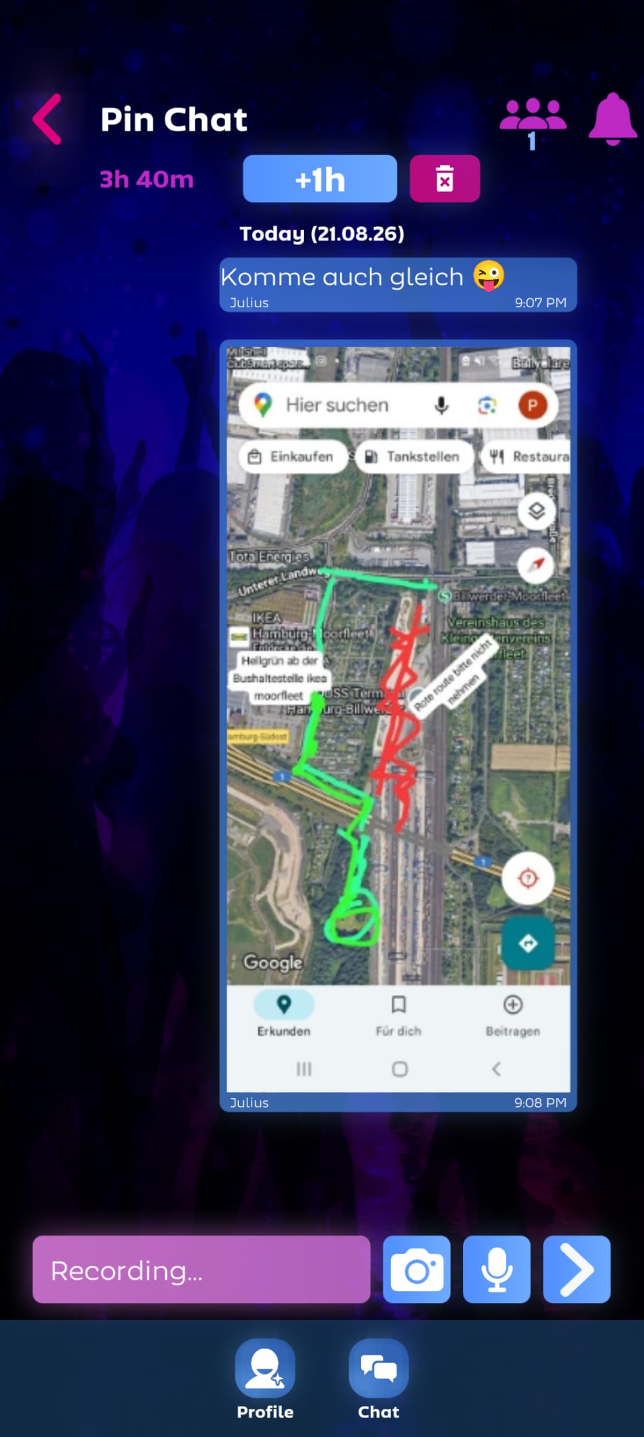 The group Pin Chat where friends coordinate and share directions to the party