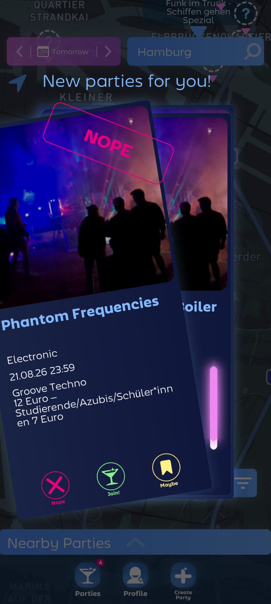 Welcome-Swipe-Kartenstapel, um die Partys von heute Abend zu entdecken